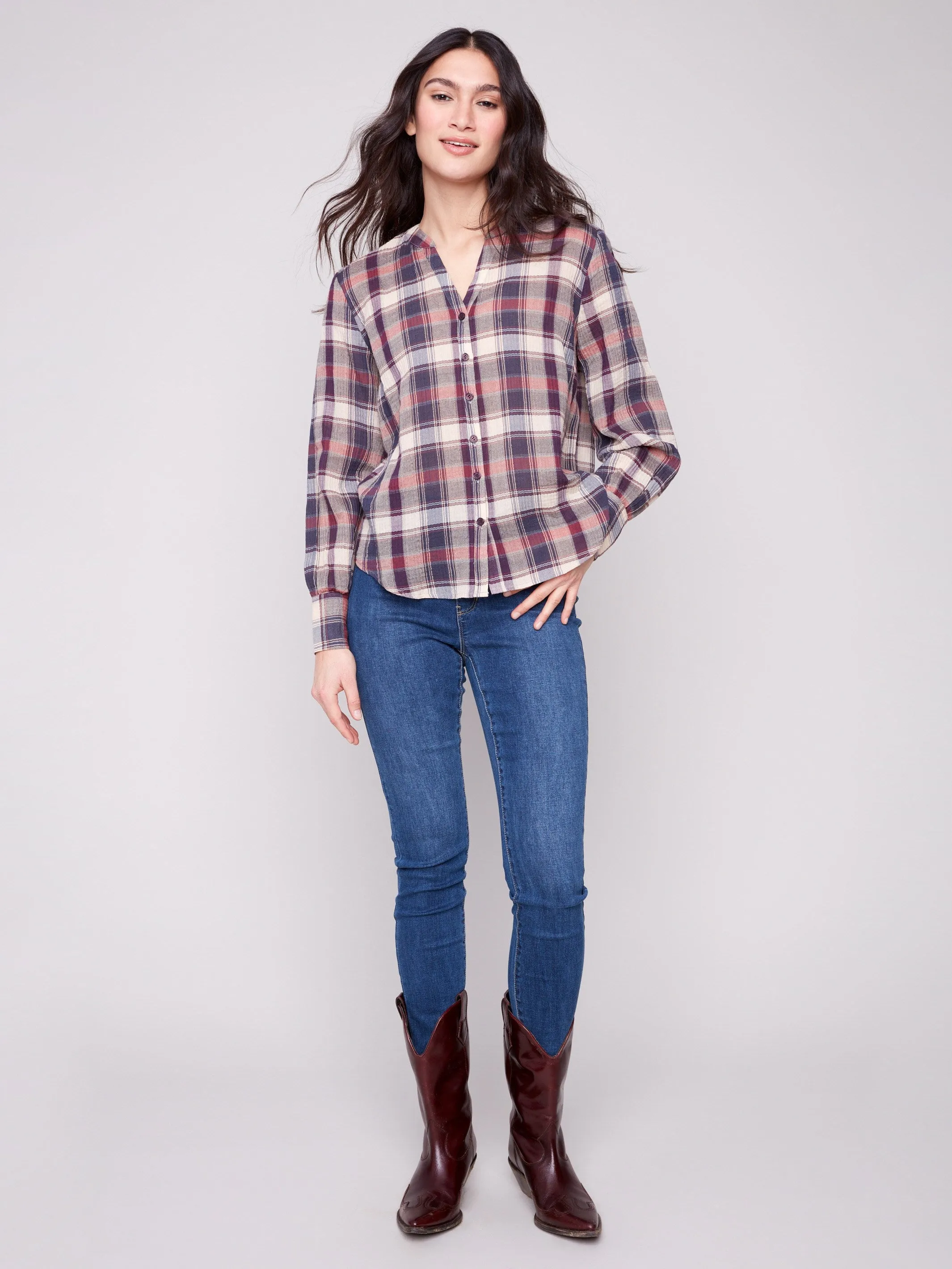 Plaid Bubble Gauze Button-Down Shirt - Berry ReflectiveTrimDetails Easy Tunic