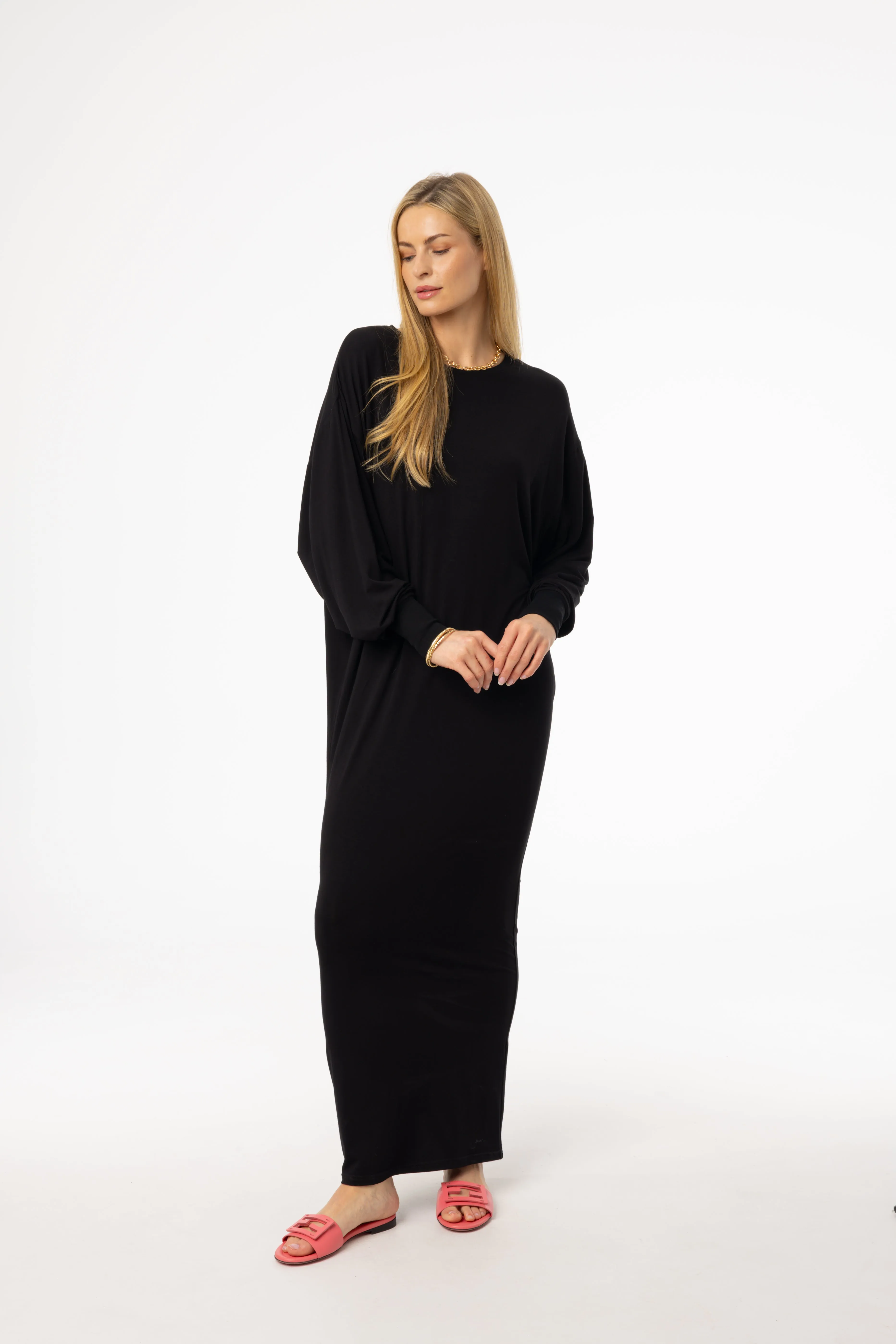 Casual Shirt Dance Light Black Oversized Dolman Sleeve Maxi Dress