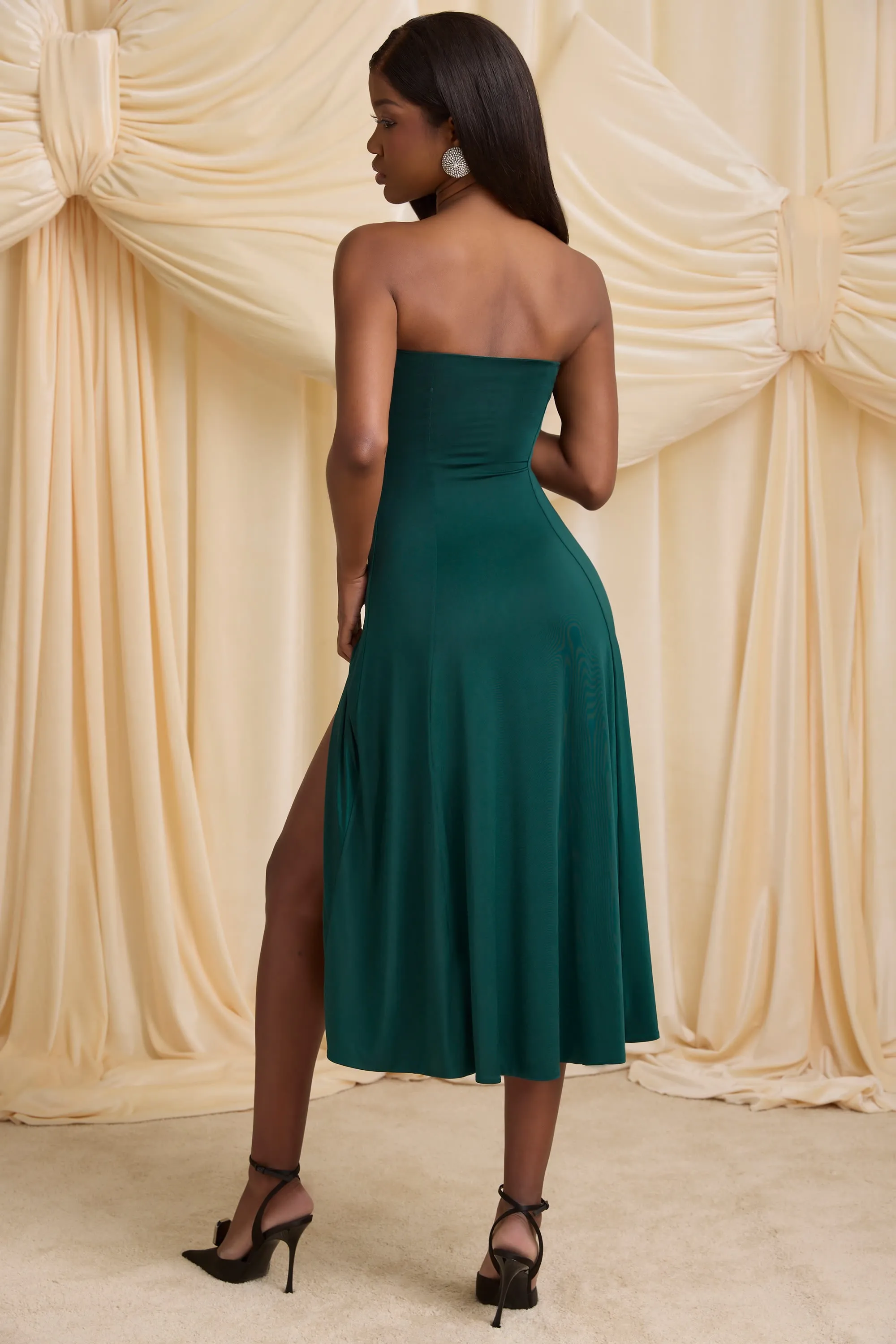 VentilatedKnit Slinky Jersey Strapless A-Line Midaxi Dress in Emerald Green