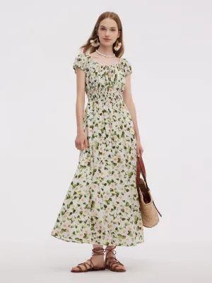 Acetate Blend Floral Print Adjustable Drawstring Neckline Women Maxi Dress Fashionable Vest FrictionResistantFabric
