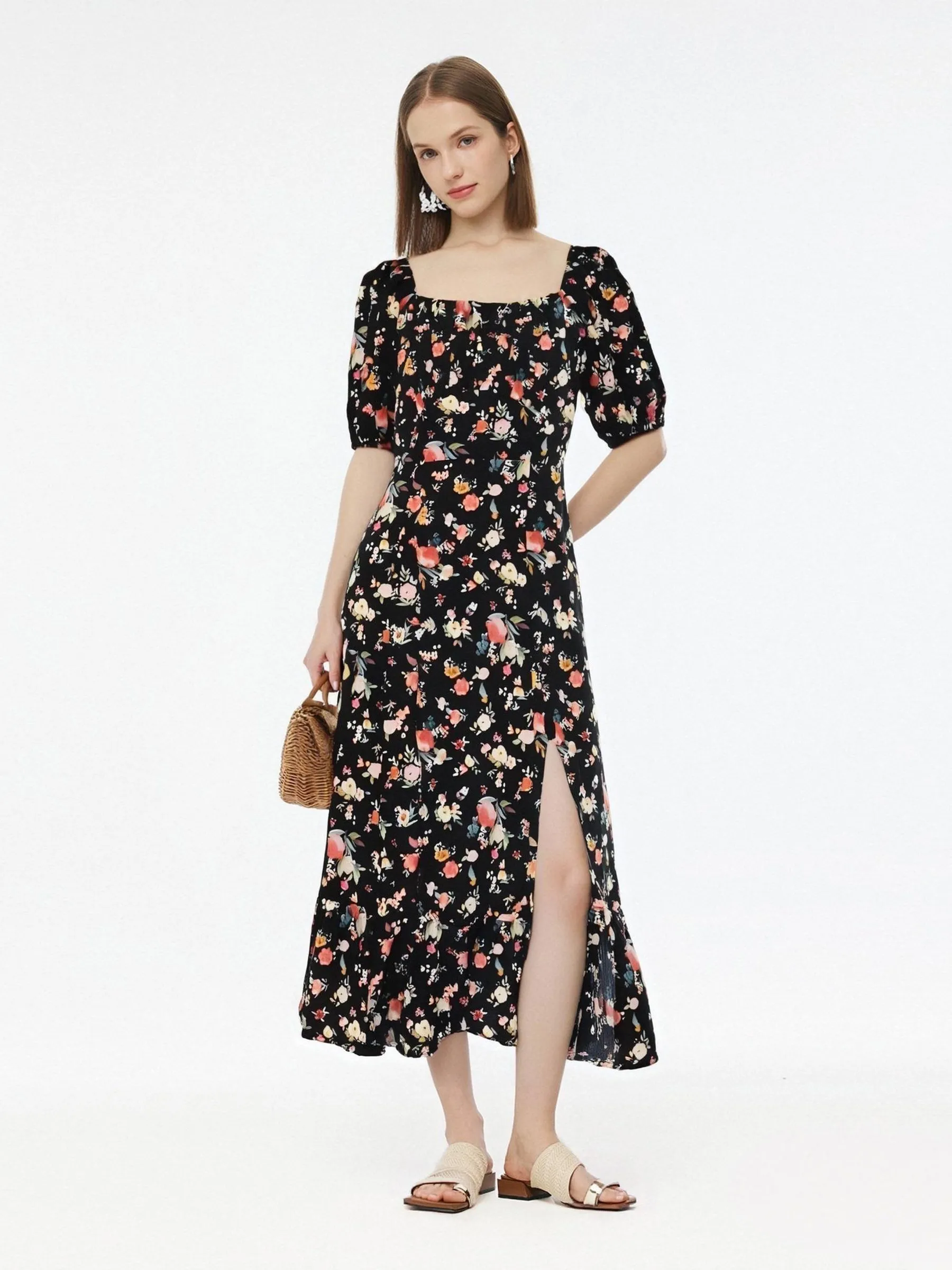 16MM Mulberry Silk Square Neck Women Side Slit Maxi Dress Wave Core