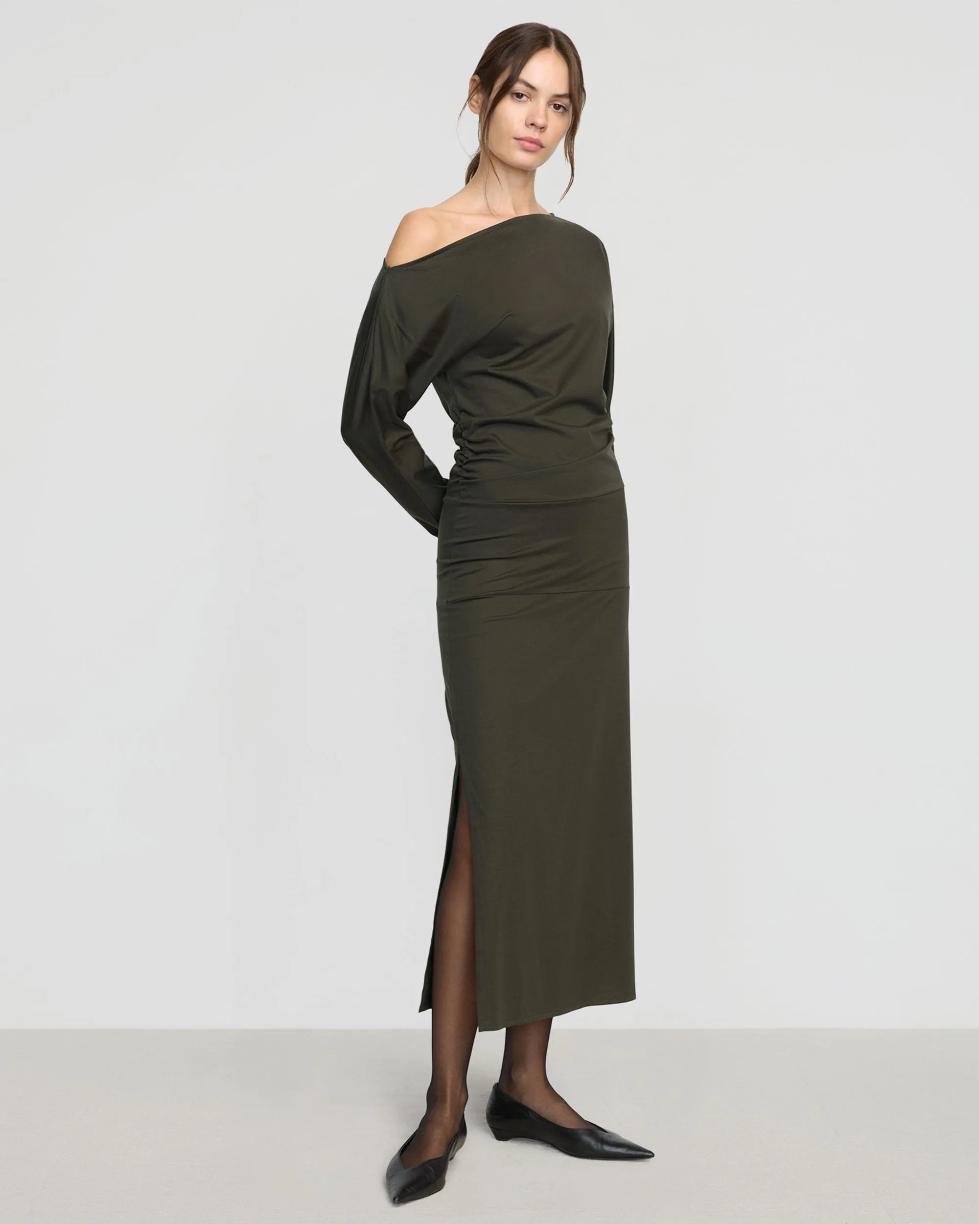 Rugged shoes ZeroRestrictionMobility Kezia Off-Shoulder Satin Jersey Dress