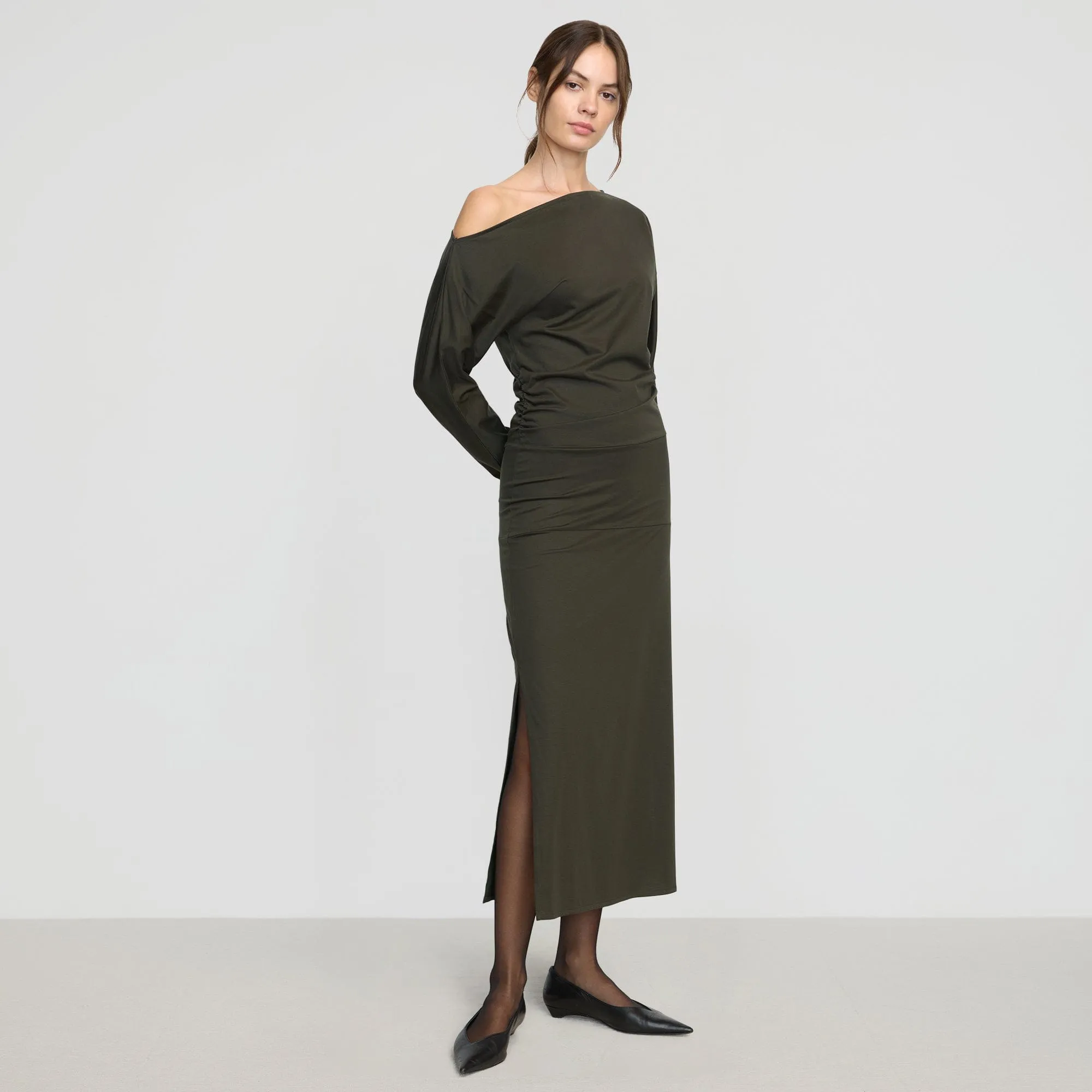 Kezia Off-Shoulder Satin Jersey Dress 4Way Stretch Natural Fiber Blend