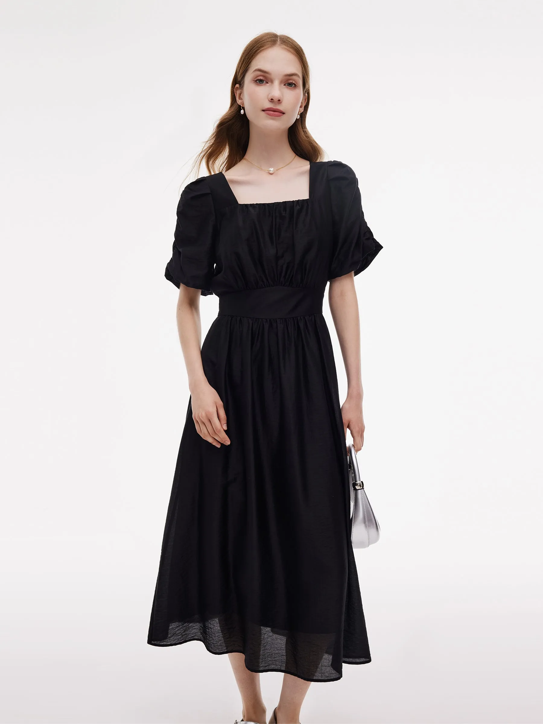 Tencel Blend Square Neck Women Puff Sleeve Maxi Dress Korean Fresh
