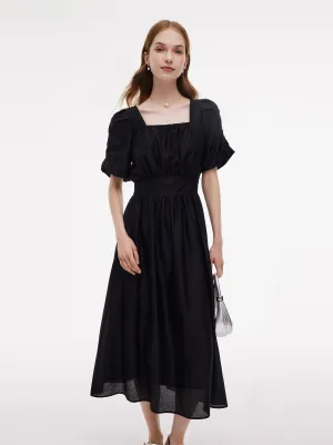 Tencel Blend Square Neck Women Puff Sleeve Maxi Dress Adjustable Waistband