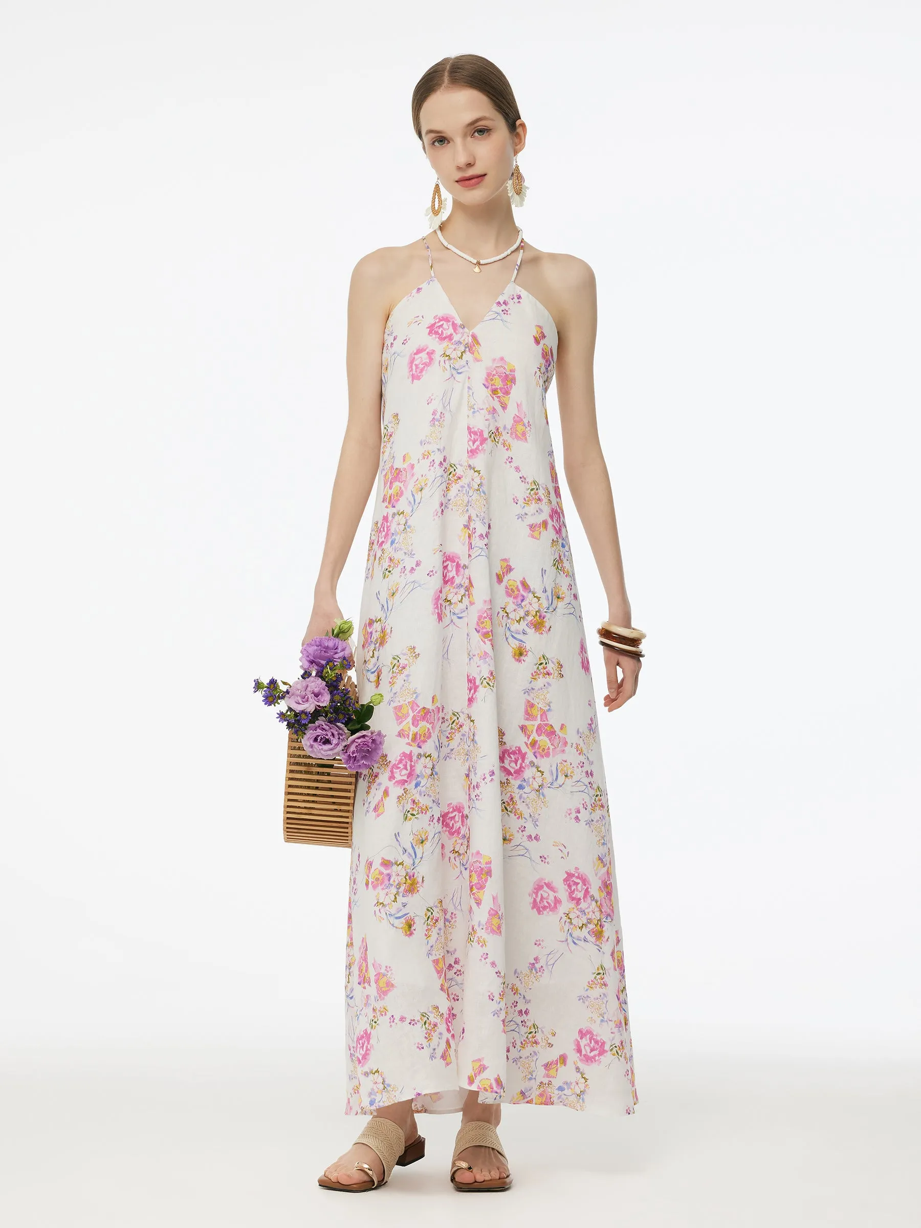 100% Linen Rose Print Women Halterneck Slip Maxi Dress ReflectiveDetails Cool Edge
