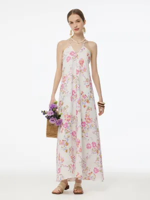 100% Linen Rose Print Women Halterneck Slip Maxi Dress ReflectiveDetails Cool Edge