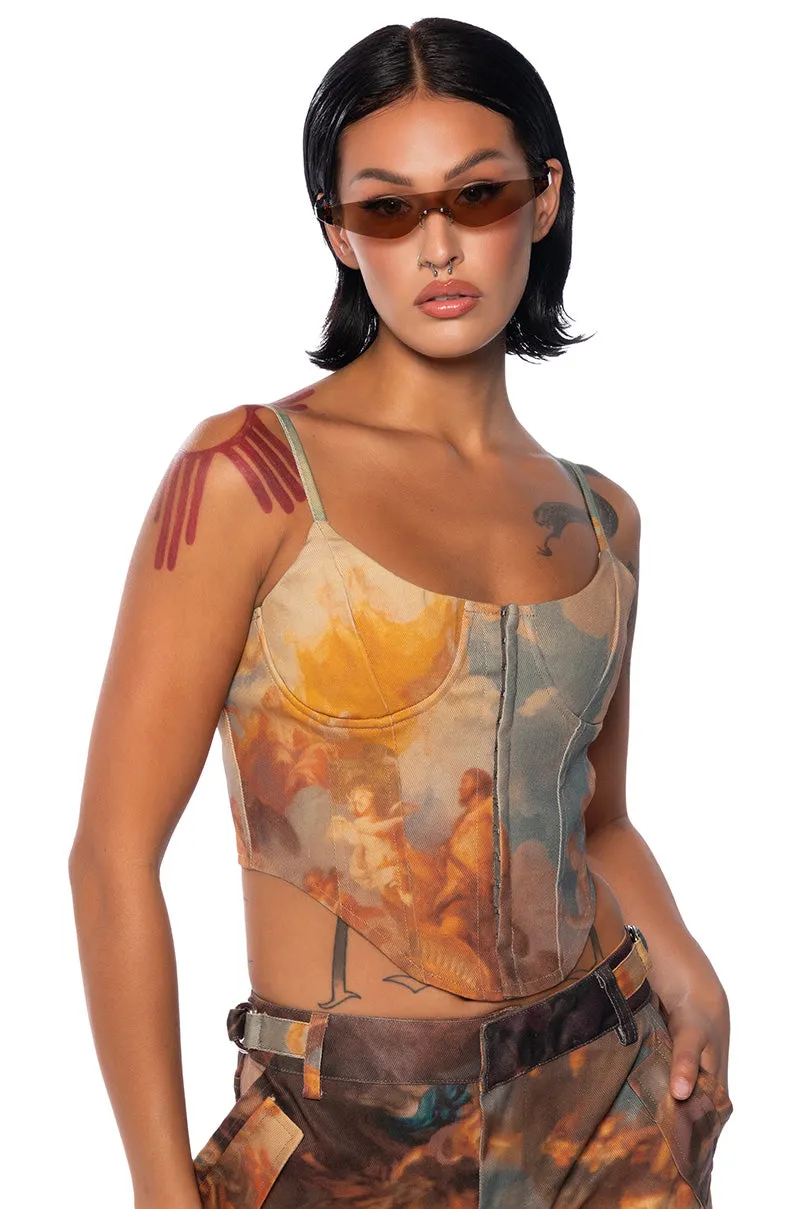 ANGEL EYES PRINTED DENIM CORSET construction site
