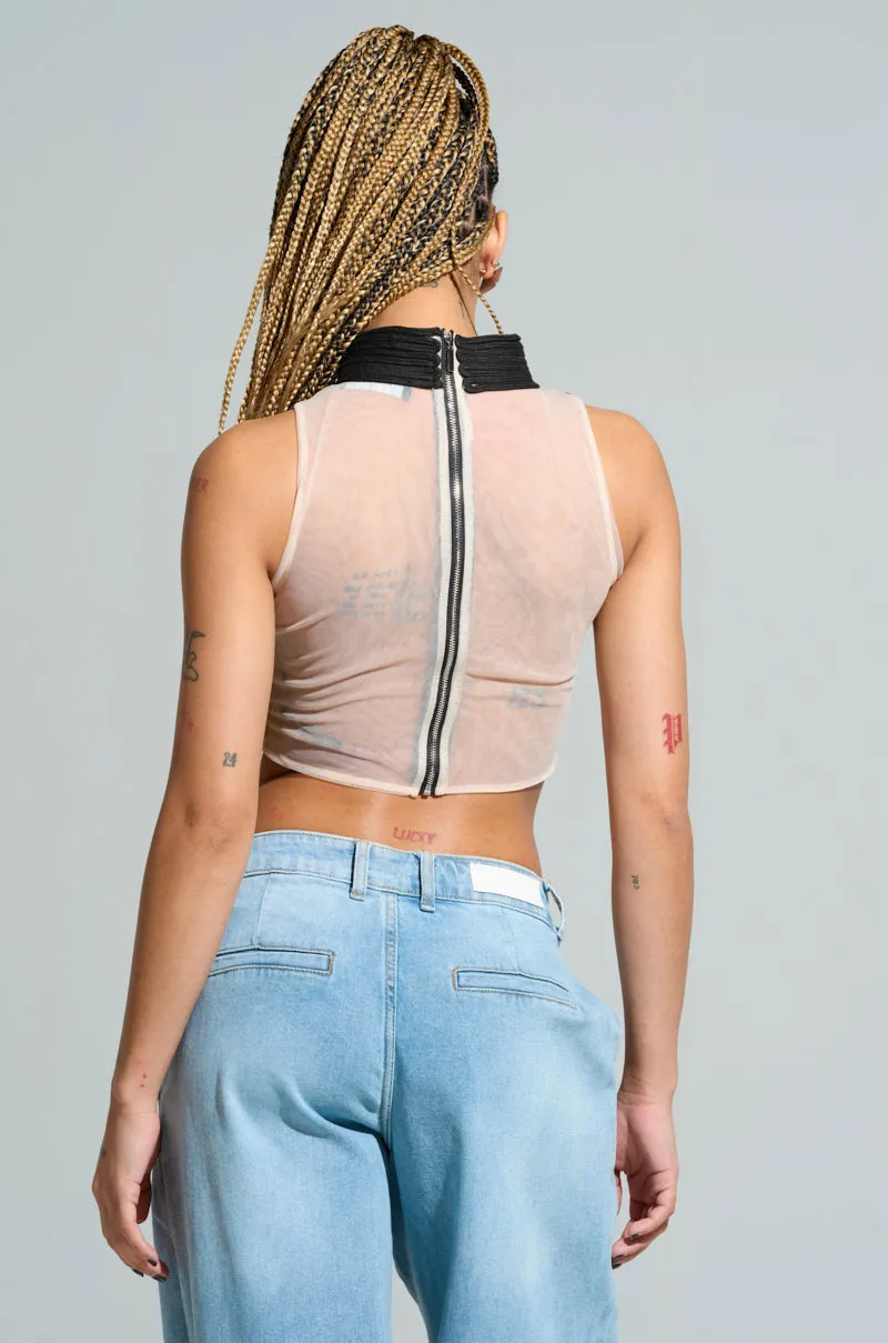 EcoFriendly Dye SATURN RINGS HIGH NECK MESH UNDERLAY BLOUSE IN BLACK