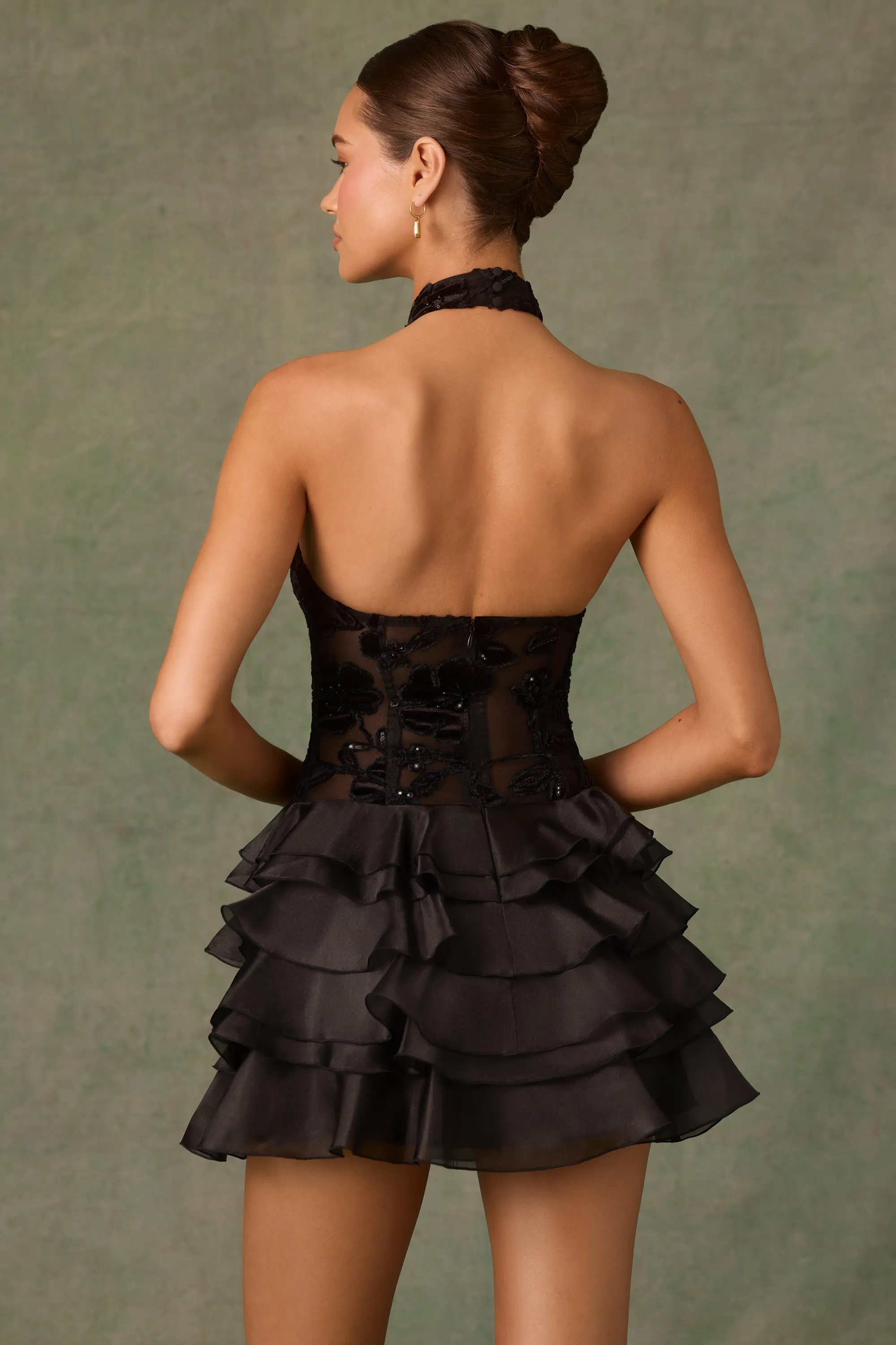 Youthful Vibe Embellished Ruffled Halterneck Mini Dress in Black