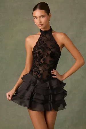 Relaxed Design Embellished Ruffled Halterneck Mini Dress in Black
