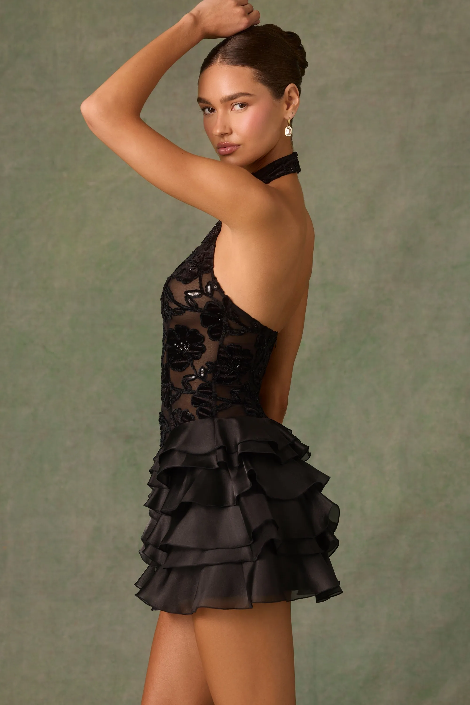 High Thread Count Cotton Trendy Charm Embellished Ruffled Halterneck Mini Dress in Black