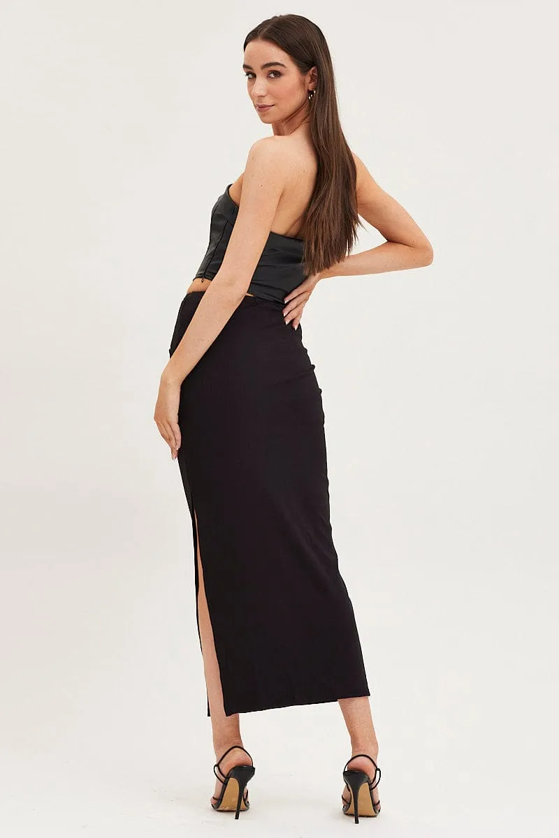 Classic Choice Black Maxi Skirt High Rise Ring Detial Rib Jersey