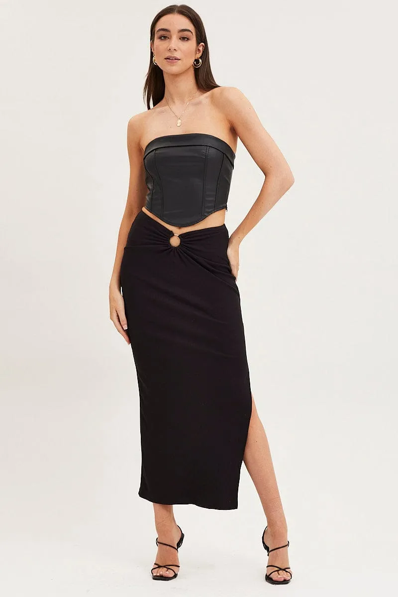 Black Maxi Skirt High Rise Ring Detial Rib Jersey Refined Texture Comfortable Feel