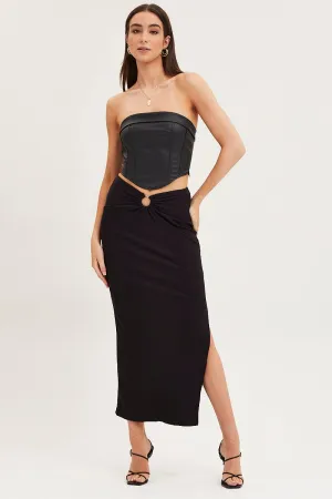 Black Maxi Skirt High Rise Ring Detial Rib Jersey Refined Texture Comfortable Feel