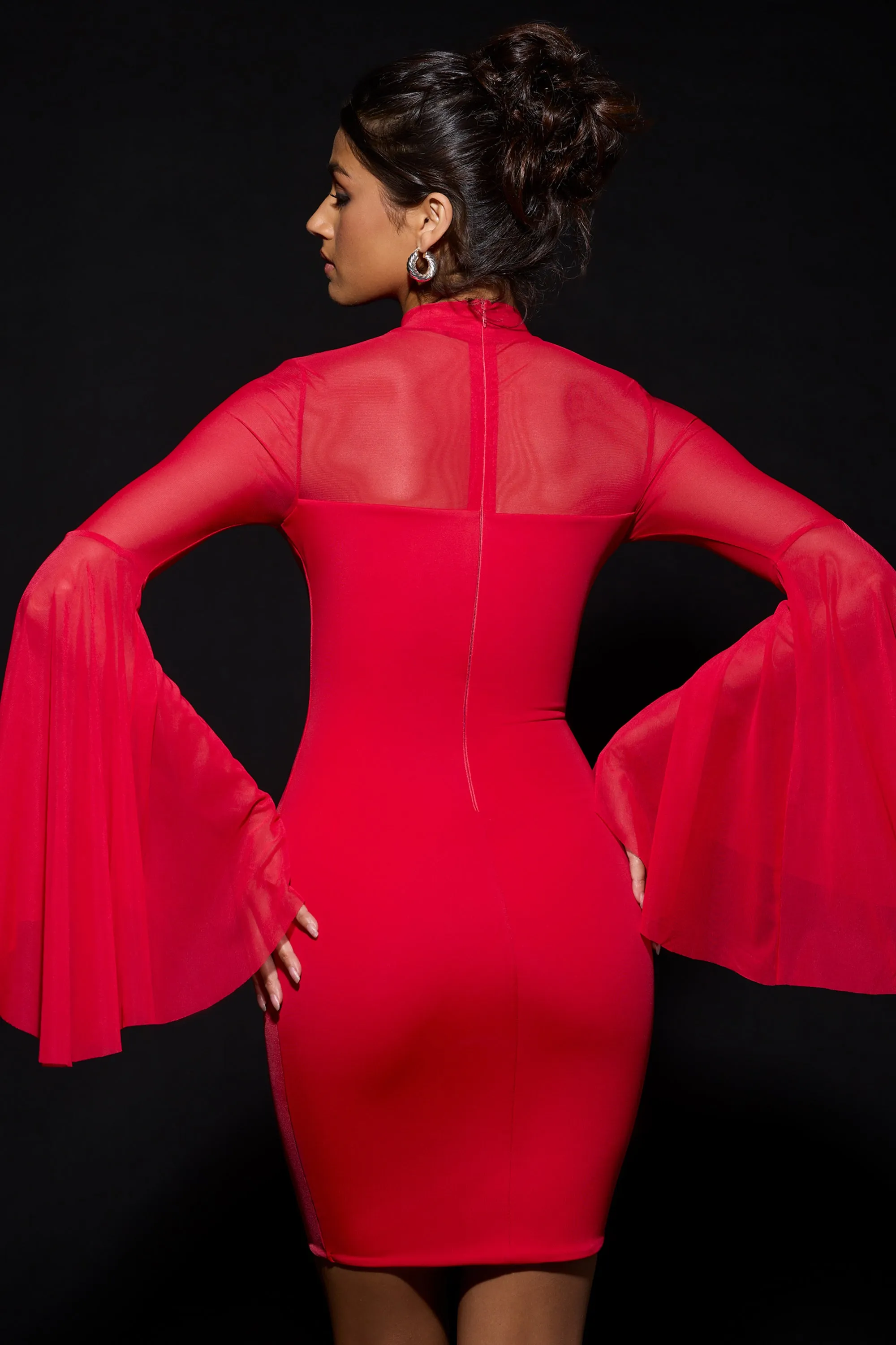 Stage Warm Waterfall-Sleeve Mini Dress in Fire Red