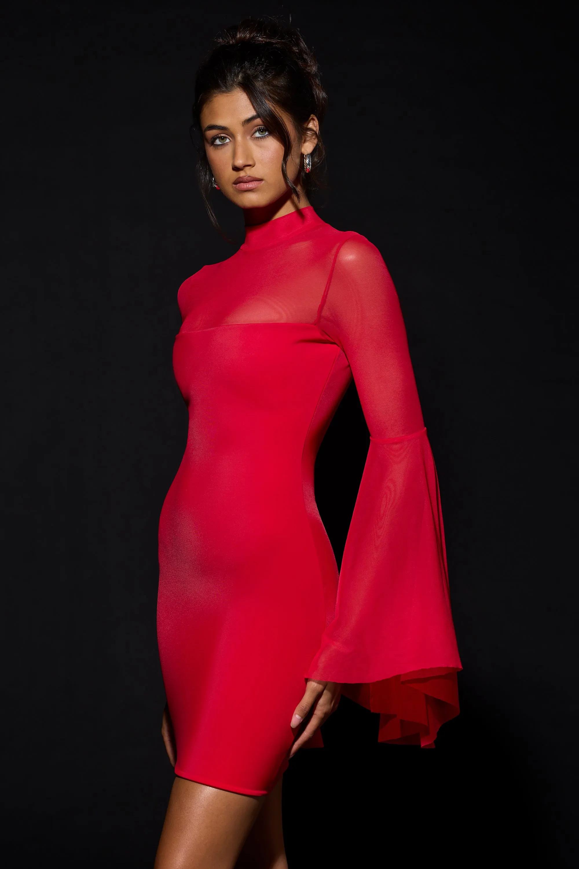 Butterfly Sleeve Option Waterfall-Sleeve Mini Dress in Fire Red