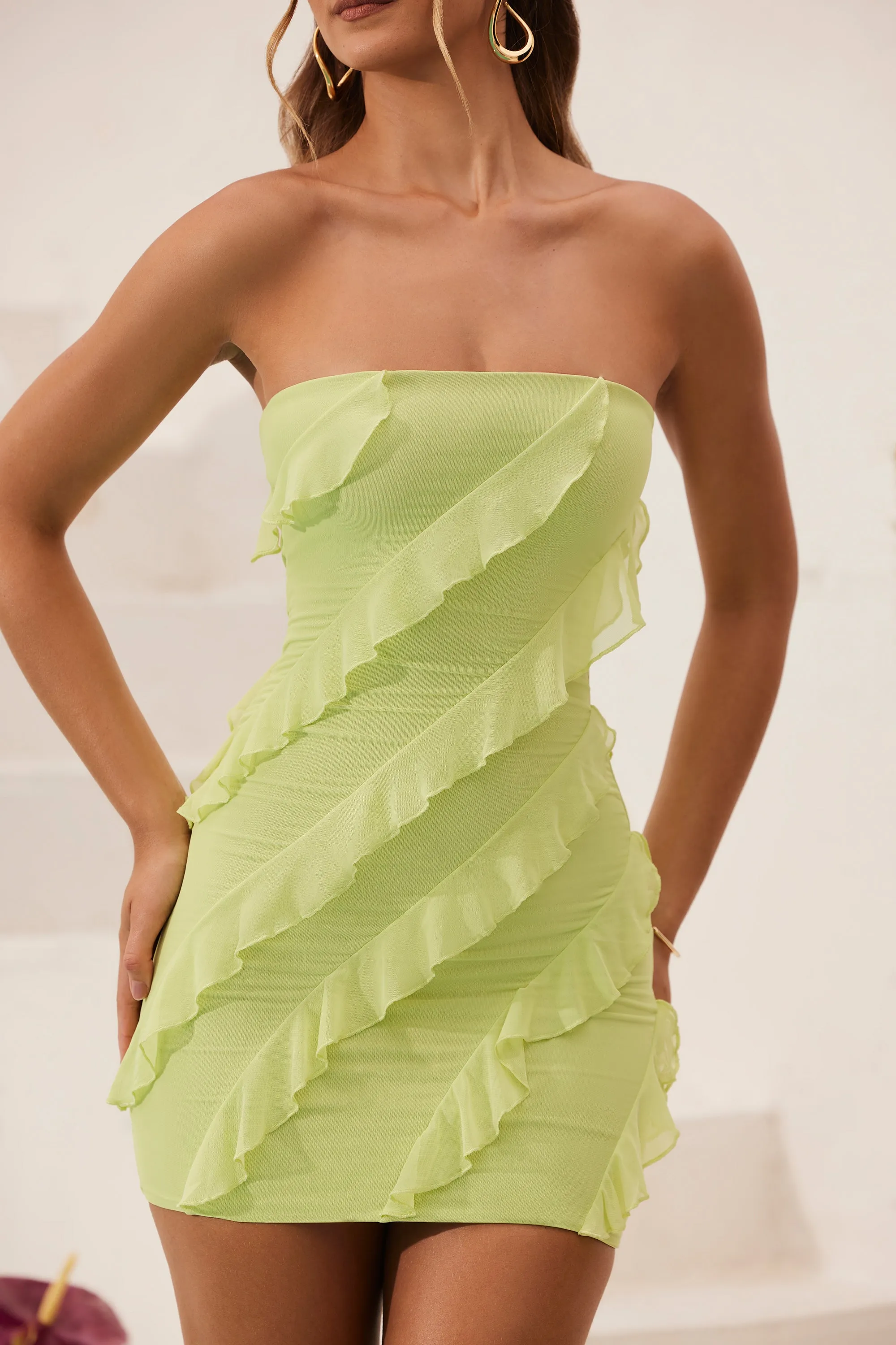Bandeau Ruffle Detail Mini Dress in Lime Green Playful fabric mini dress Dressy Cool