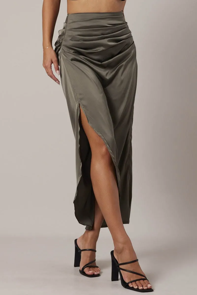 Tea length Daily Mood Green Ruched Maxi Skirt Draped Satin Skirt