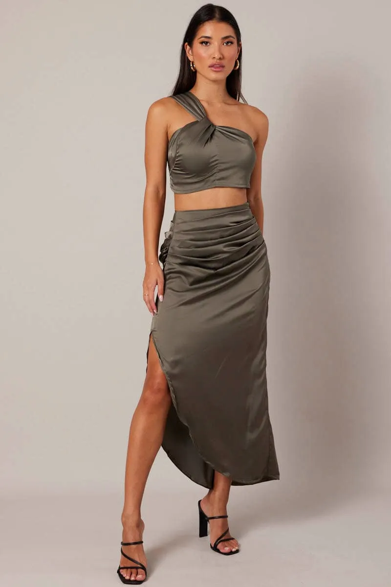 Invisible Seams Green Ruched Maxi Skirt Draped Satin Skirt