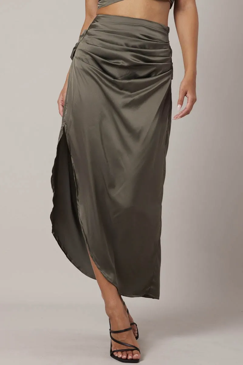 Statement Piece Athleisure Inspired Green Ruched Maxi Skirt Draped Satin Skirt