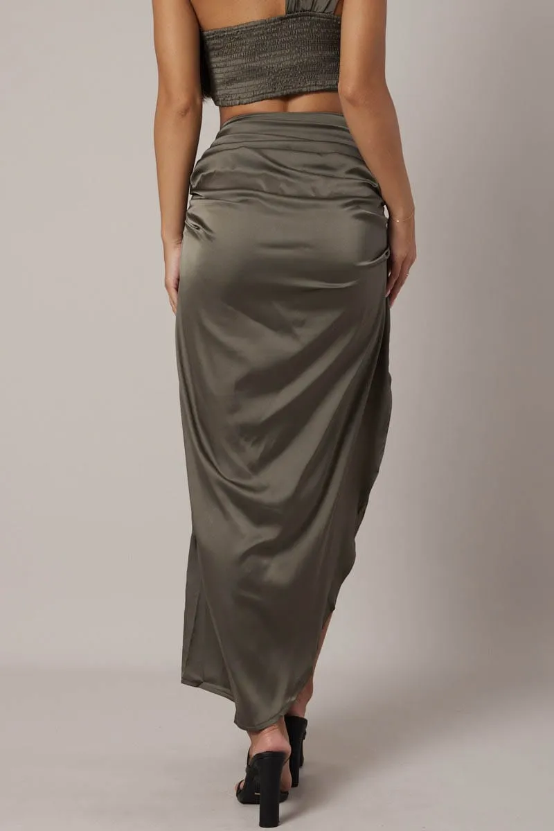 Laidback Mood Green Ruched Maxi Skirt Draped Satin Skirt