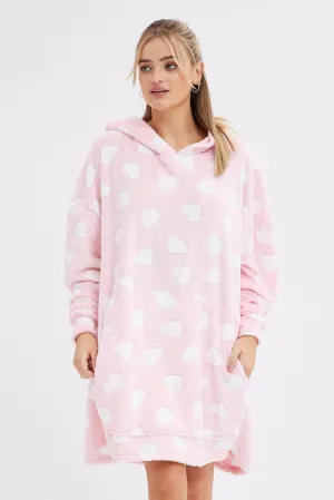 Everyday Wear Pink Heart Print Cosy Blanket Hoodie PJ