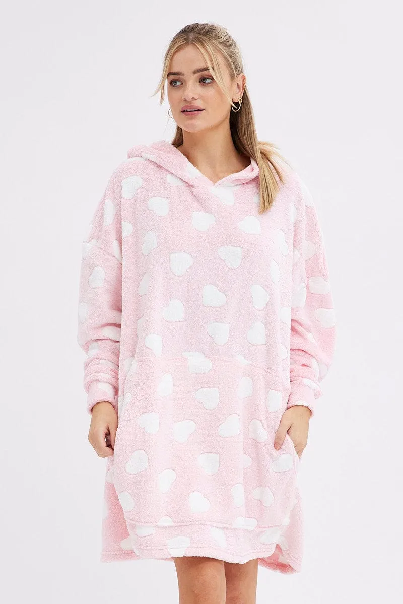 Everyday Wear Pink Heart Print Cosy Blanket Hoodie PJ