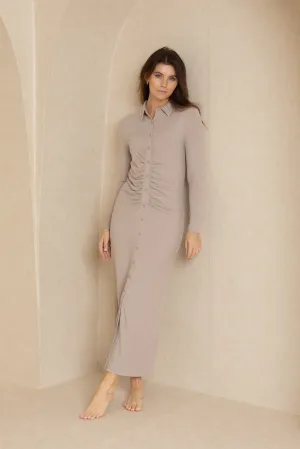 Tan Cardi Ruched Maxi Soft Inner Lining