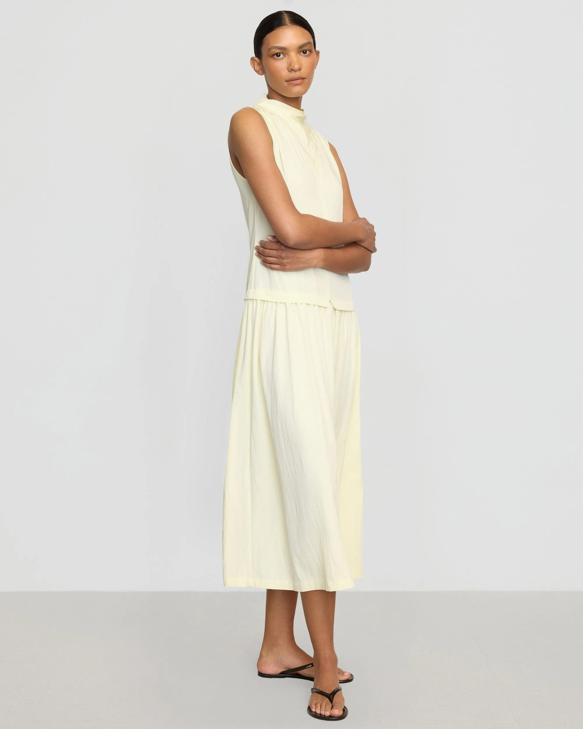UVProtective Coating Chinon Drop-Waist Gathered-Neck Dress