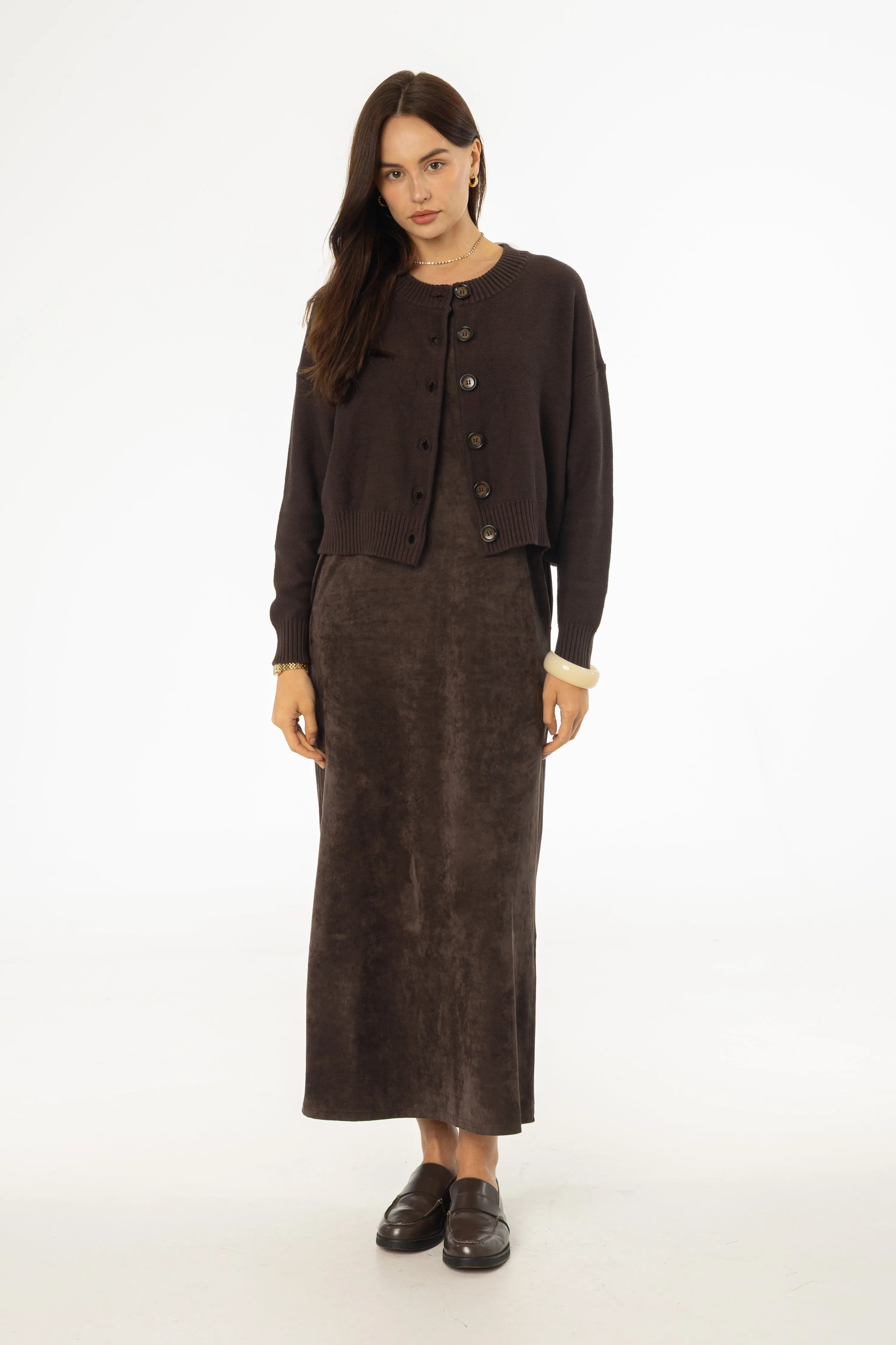 Water Soul Minimalist Style Brown Microsuede Maxi Jumper