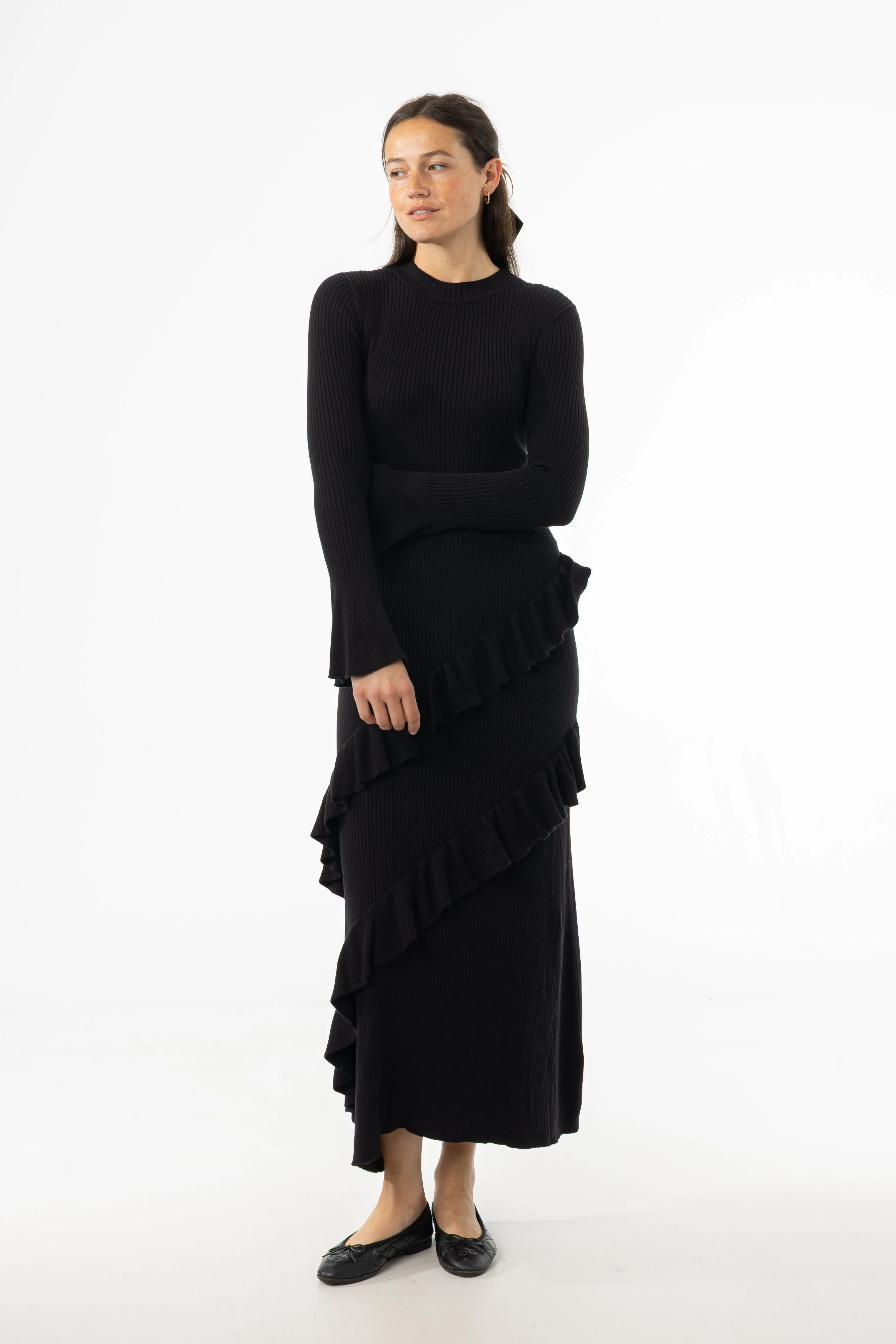 Active Wear Black Ruffle Knit Dress
