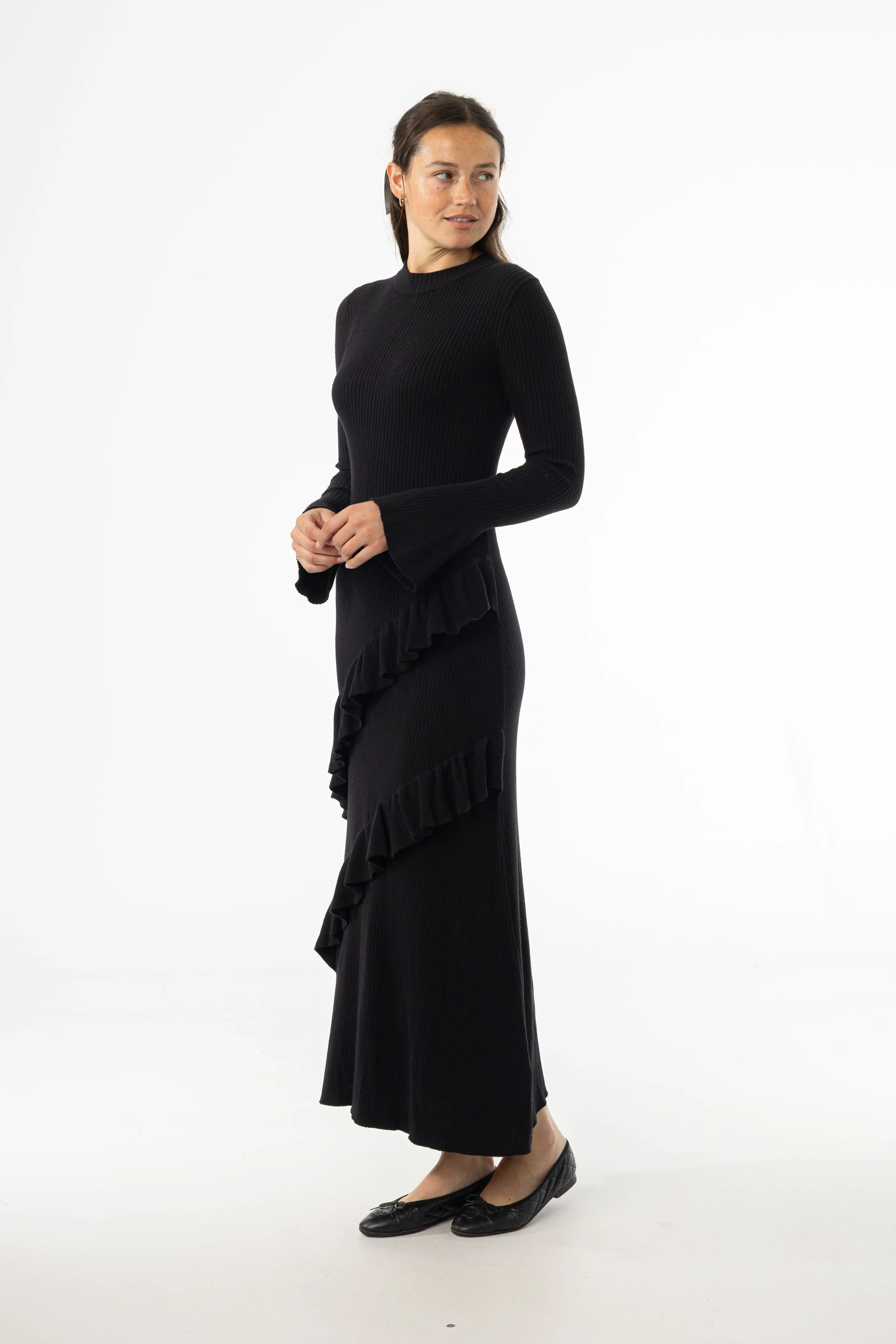 Black Ruffle Knit Dress Power Vibe