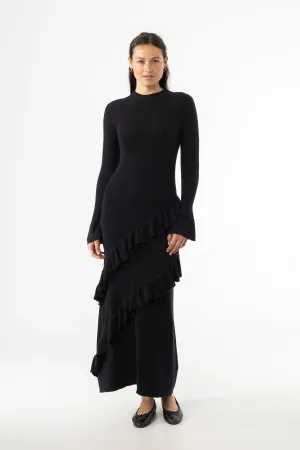 Raw Linen Black Ruffle Knit Dress