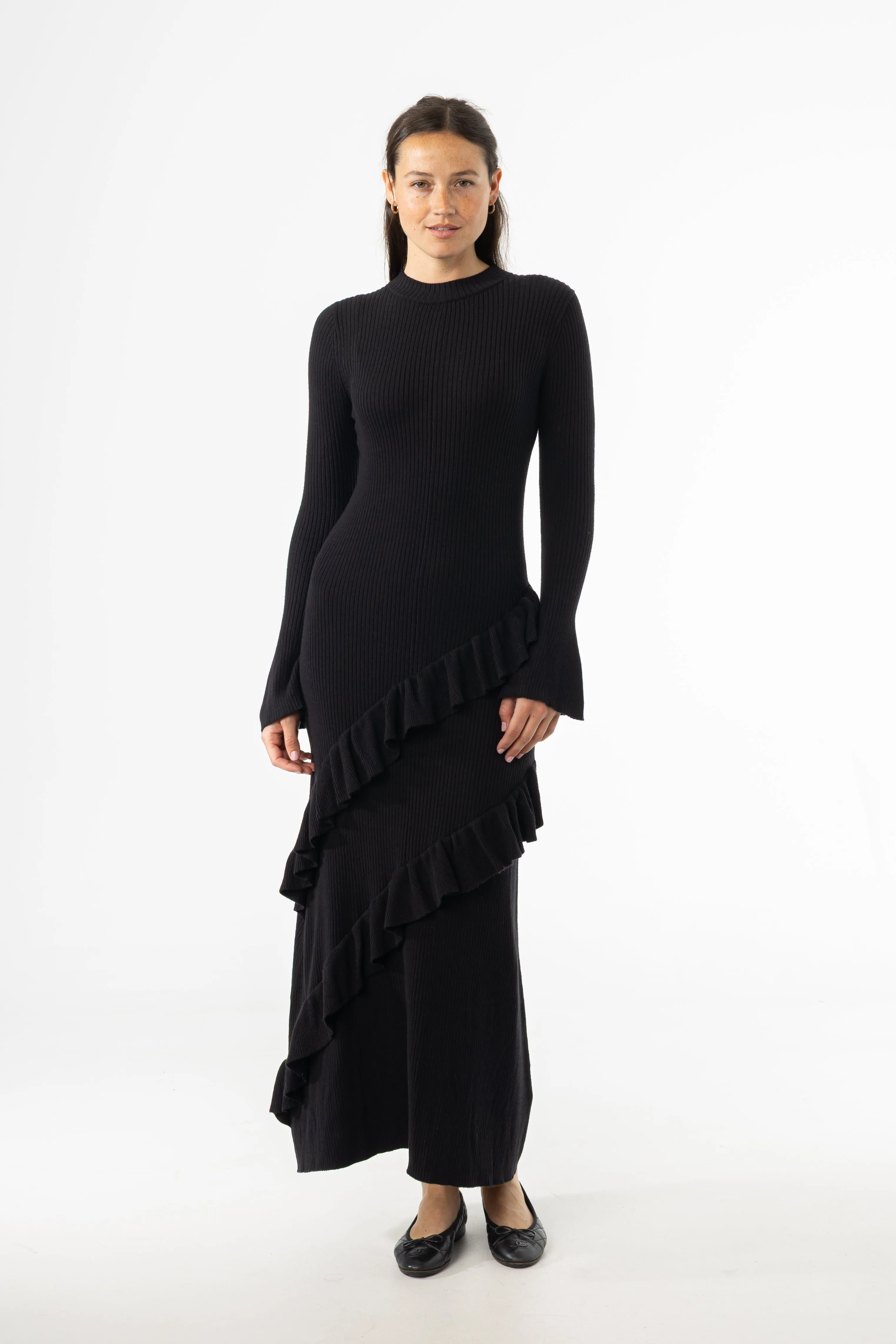 Raw Linen Black Ruffle Knit Dress