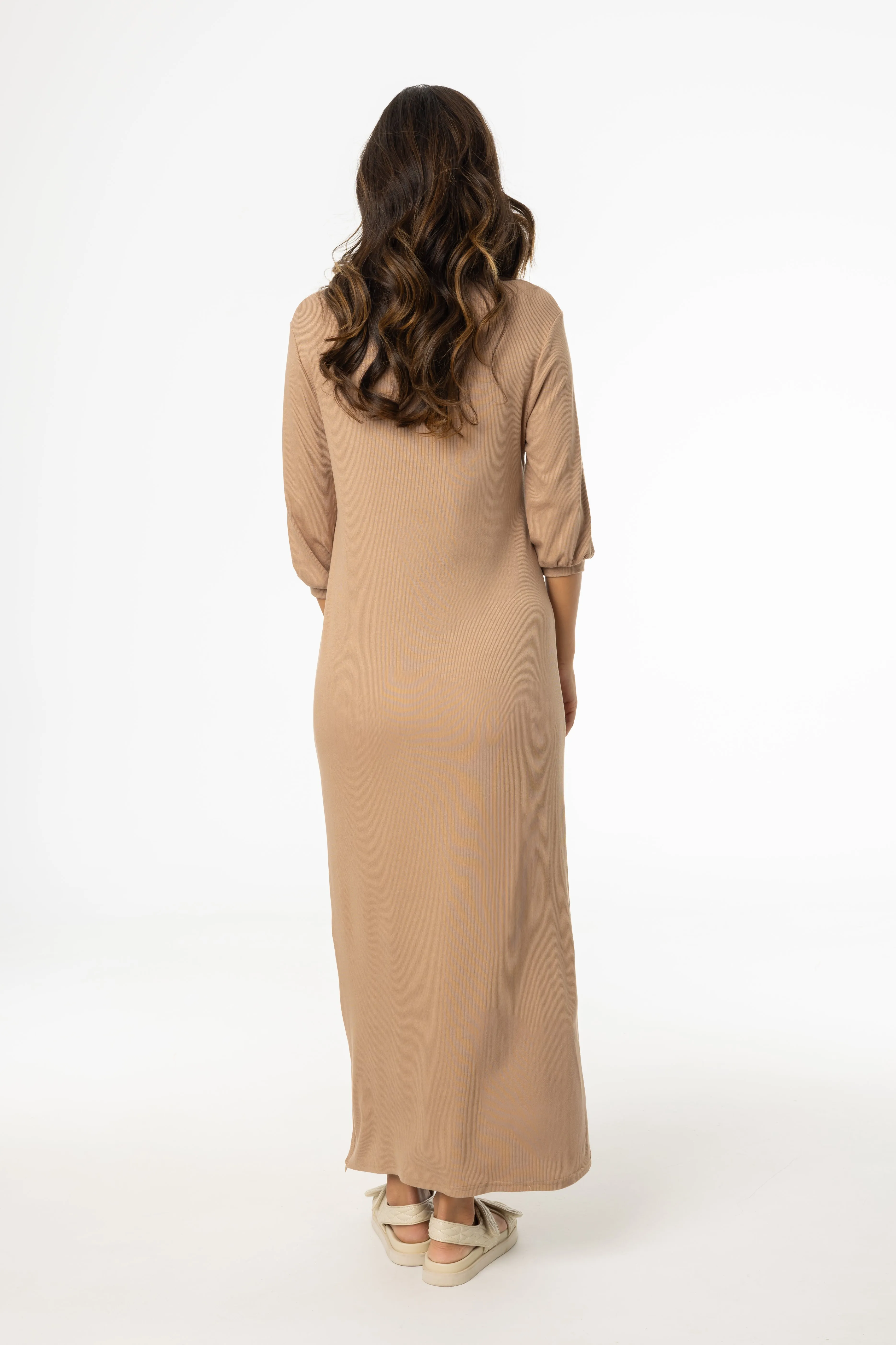 Mocha 3/4 Sleeve Maxi Dress Sheer Glow