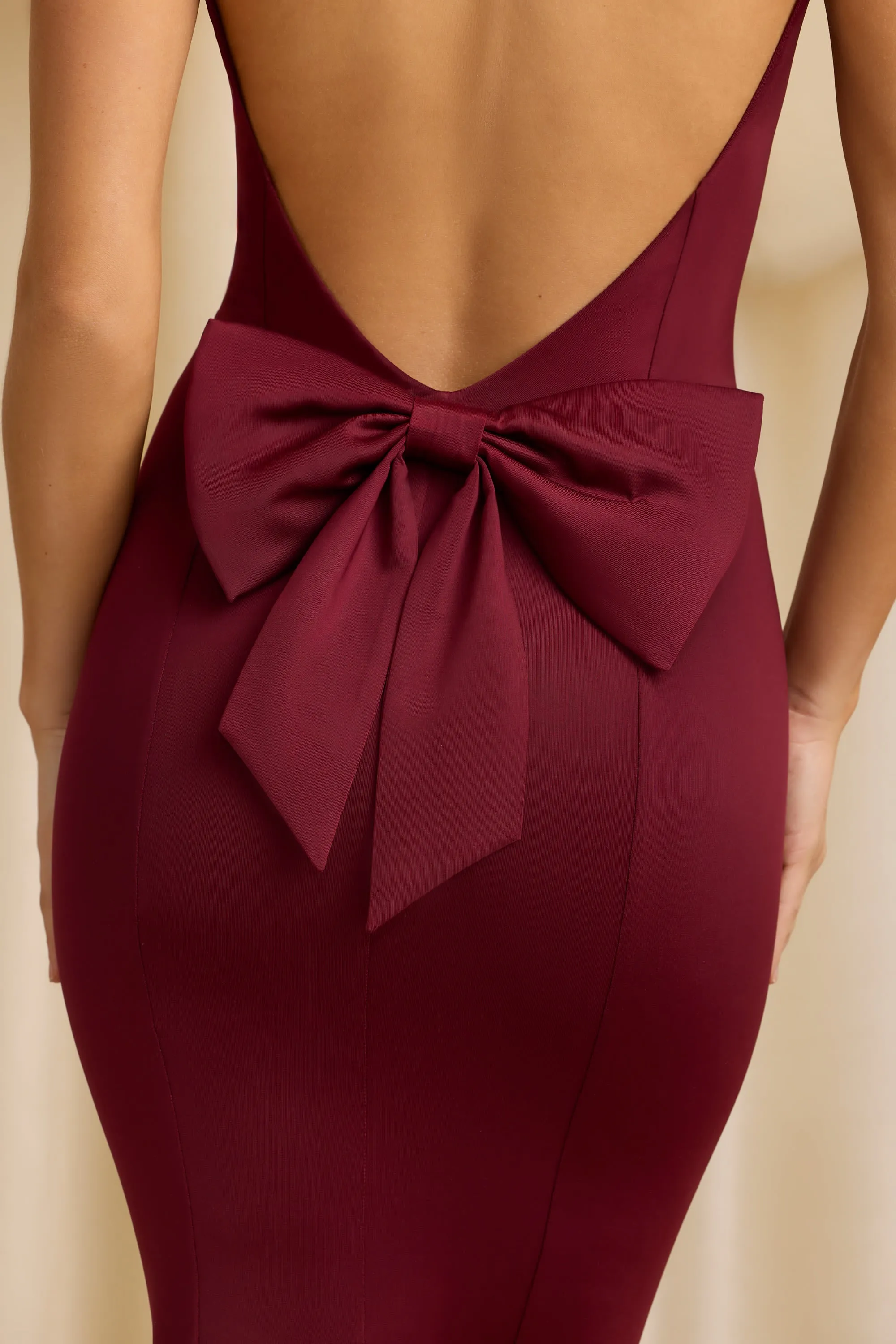 RipstopFabric Linen Soul Slinky Jersey Bow-Detail Midaxi Dress in Wine Red