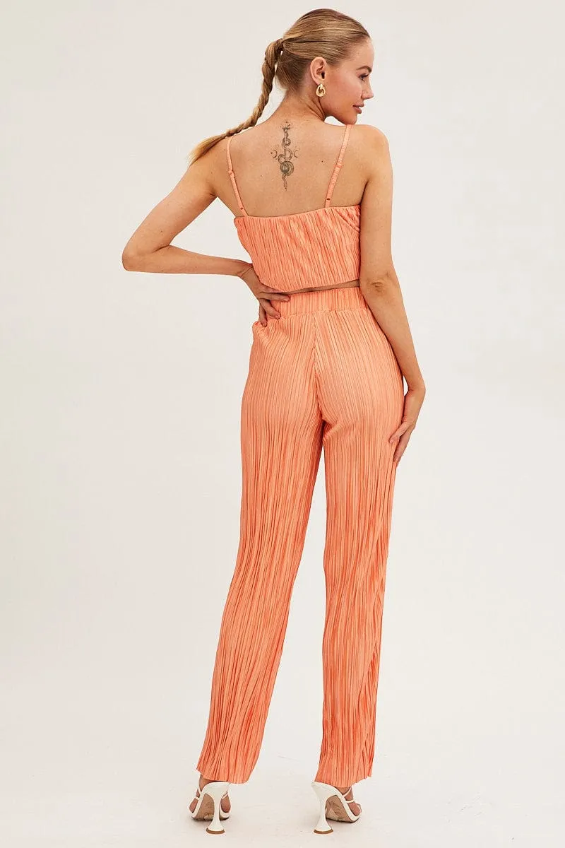 Multi Pocket Design stain resistant coating Orange Plisse Pants Wide Leg