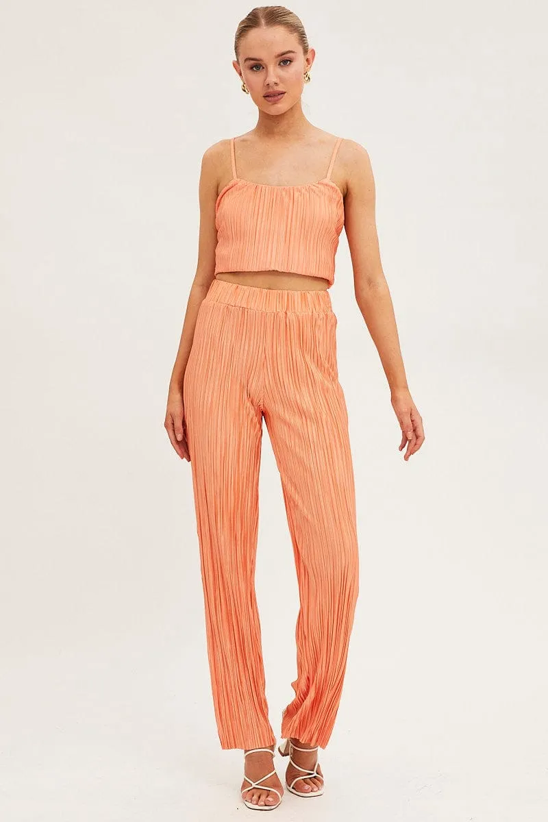 Orange Plisse Pants Wide Leg Minimalist Design Perfect Stretch