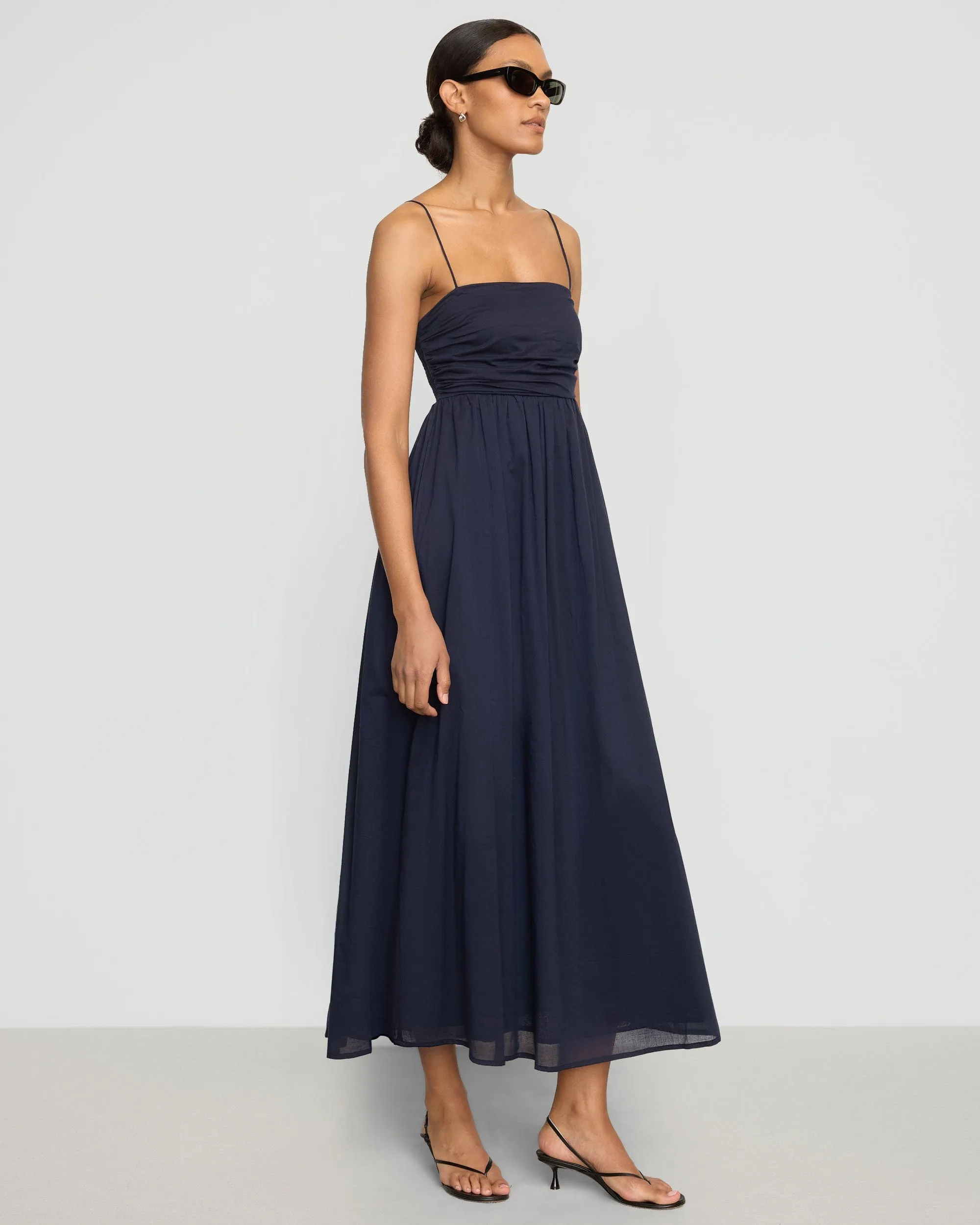 Aurora Ruched Organic Cotton Maxi Dress Stretchable Fabric