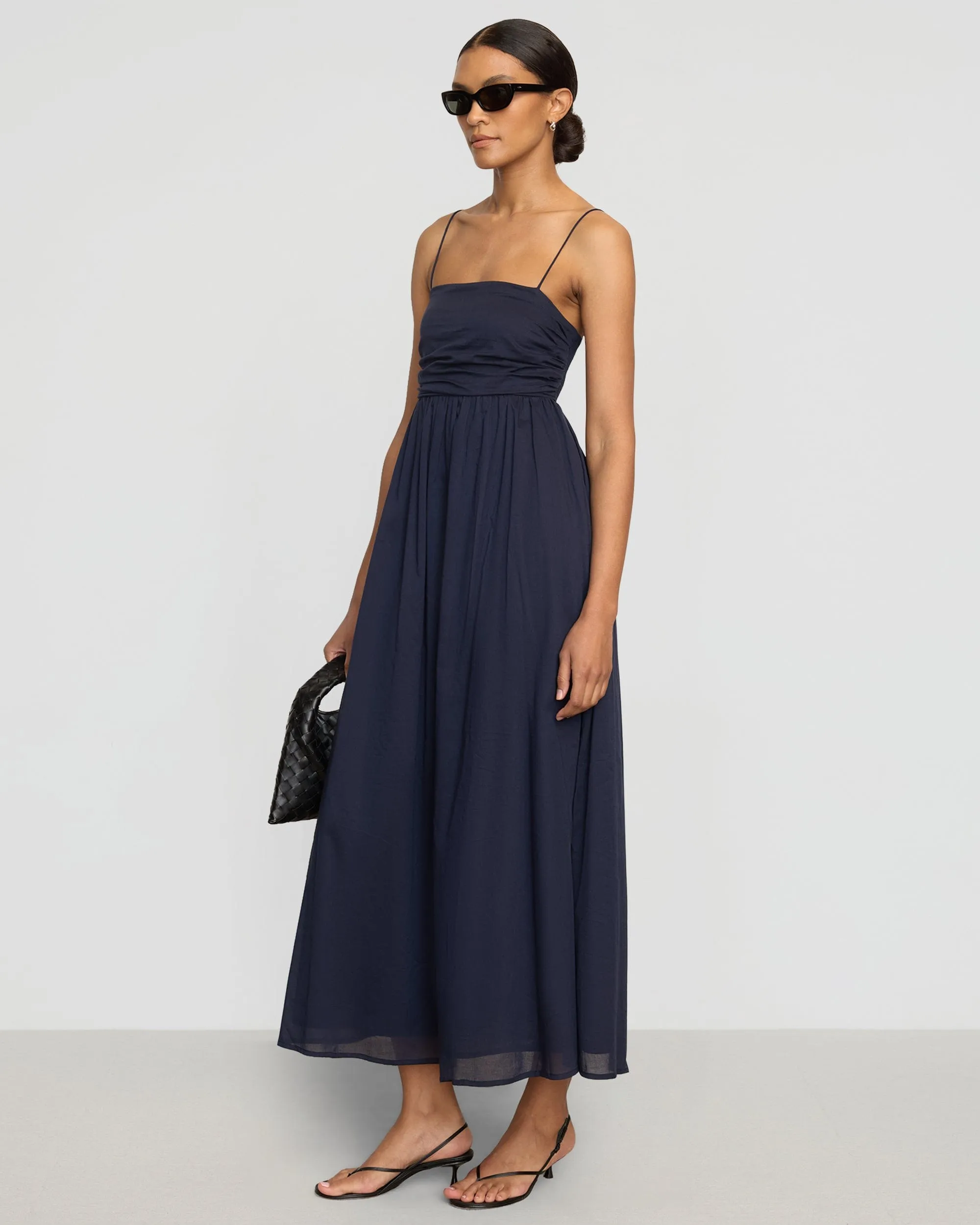 Aurora Ruched Organic Cotton Maxi Dress Adjustable Drawcord Swim Easy