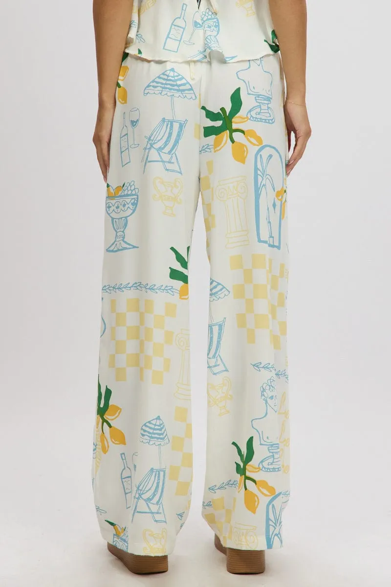 Yellow Abstract Wide Leg Pants High Rise Bi Stretch Fabric