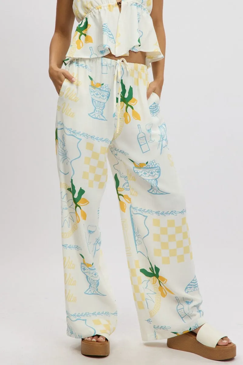Side zipper Comfortable Fabric Yellow Abstract Wide Leg Pants High Rise