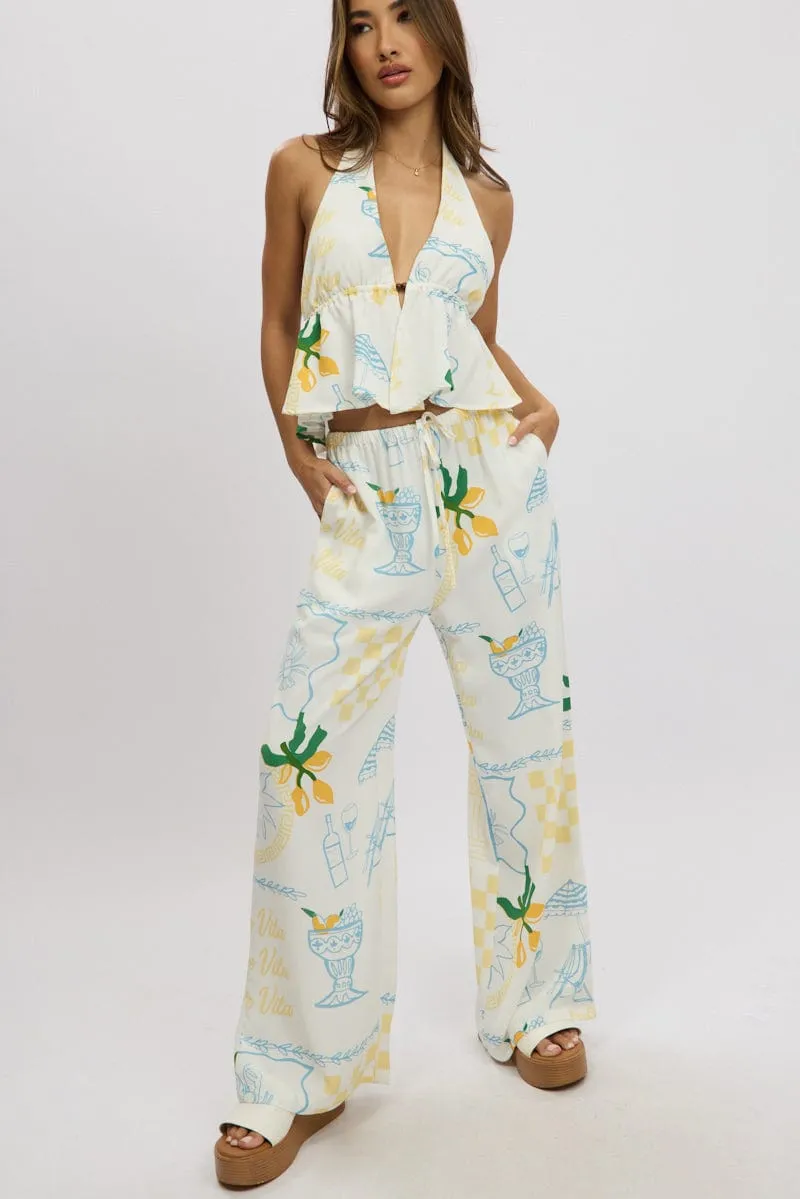 Yellow Abstract Wide Leg Pants High Rise Flexible Knee Articulation