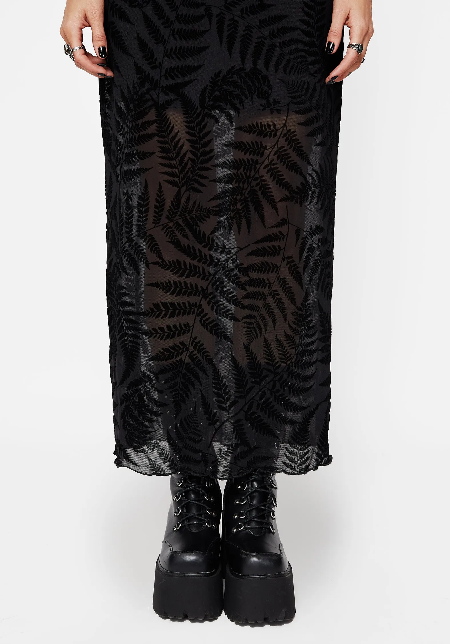 Lunafern Mesh Fern Leaf Midaxi Skirt Twist Knot Details Layered Hem