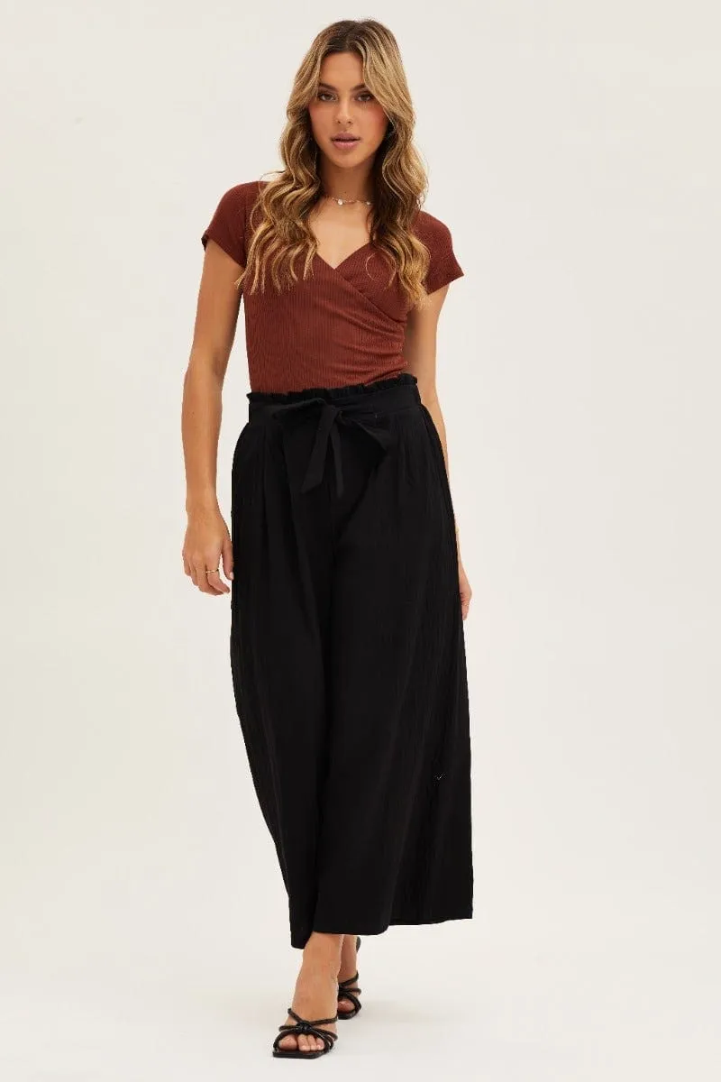 Flat Lock Stitching Black High Rise Waist Tie Crop Wide Pants
