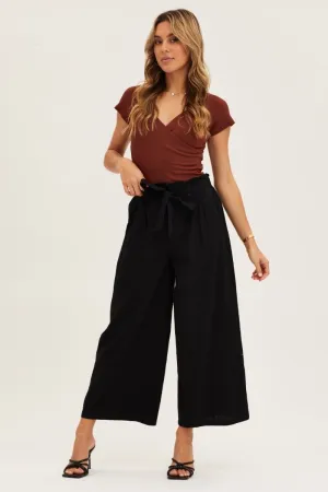 Black High Rise Waist Tie Crop Wide Pants LowProfileWaistband