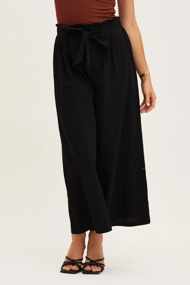 EcoFriendlyMaterial Black High Rise Waist Tie Crop Wide Pants
