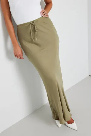 Vibe Ready Relaxed Style Green Drawstring Satin Maxi Skirt