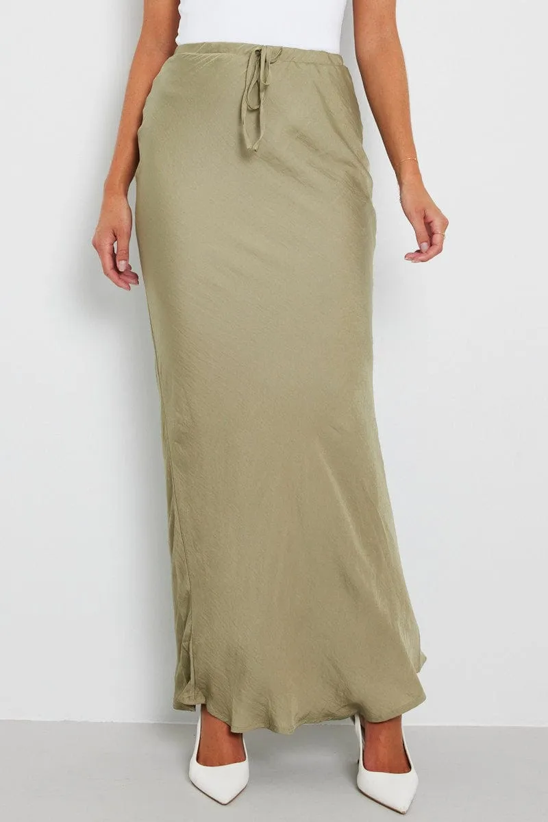 Green Drawstring Satin Maxi Skirt Contrast Panel Refined Finish
